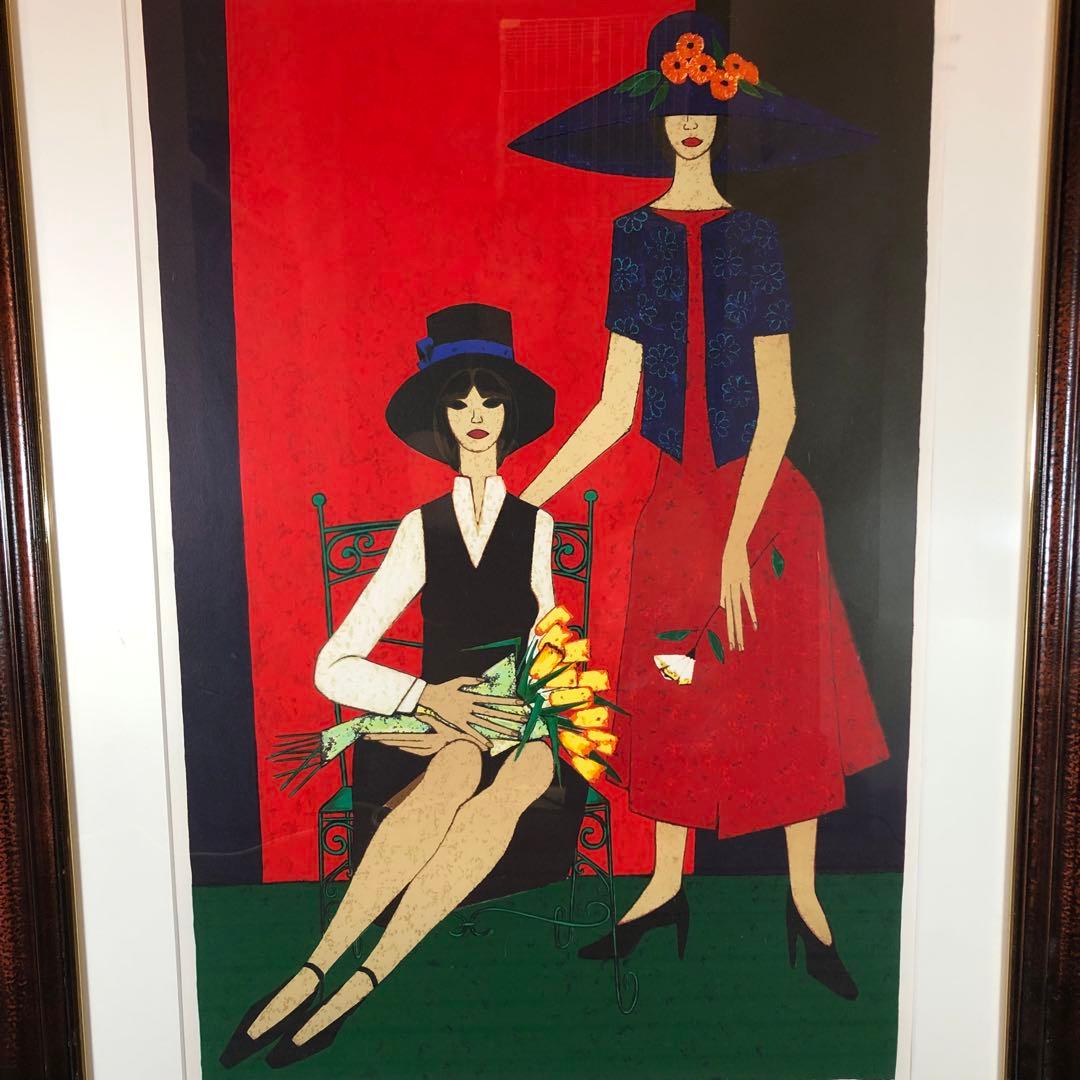 ロジェ・ボナフェ 「二人の少女」 リトグラフ　額縁付絵画　作家直筆サイン入り