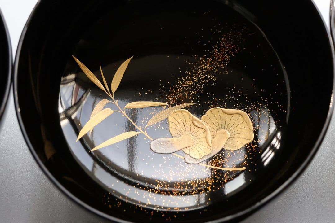 【CM412】天然木漆塗 加賀蒔絵 蓮と野菜金蒔絵 黒煮物椀 五客 漆器 昭和期