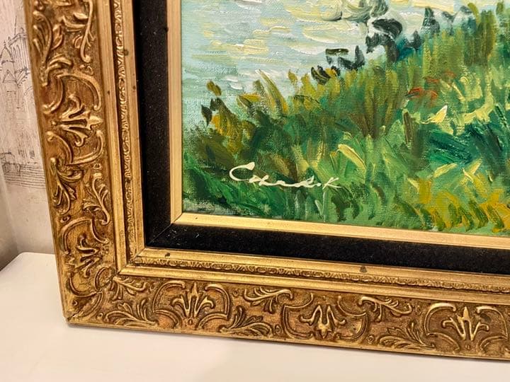 豪華額装　油彩 10号 水辺の風景 ヨーロッパ　洋画　風景画　ヨーロピアン