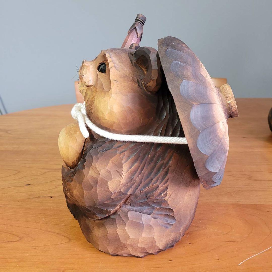 【匿名発送】木工品　たぬき　夫婦　縁起物　アンティーク　木彫り