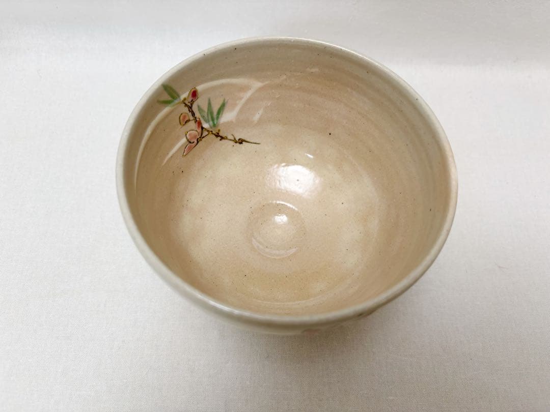 未使用 茶道具 平安 山川嘉山造 桃絵 茶碗 陶印 作家物 煎茶道具 共箱
