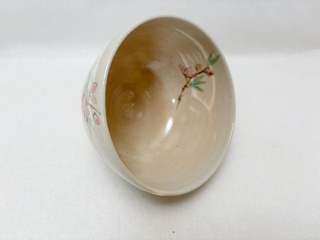 未使用 茶道具 平安 山川嘉山造 桃絵 茶碗 陶印 作家物 煎茶道具 共箱