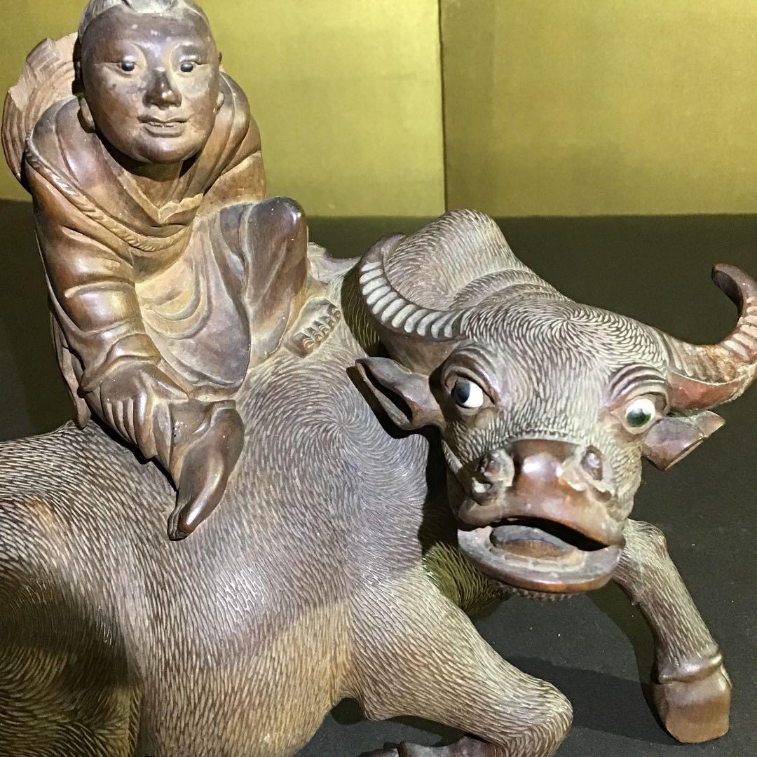 「水牛に乗る童」　極細密木彫刻　水牛玉眼　明治期