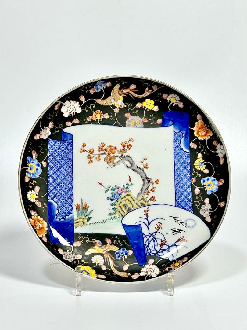 香蘭社 明治初期 染錦褐地花鳥文八寸皿 伊万里 有田