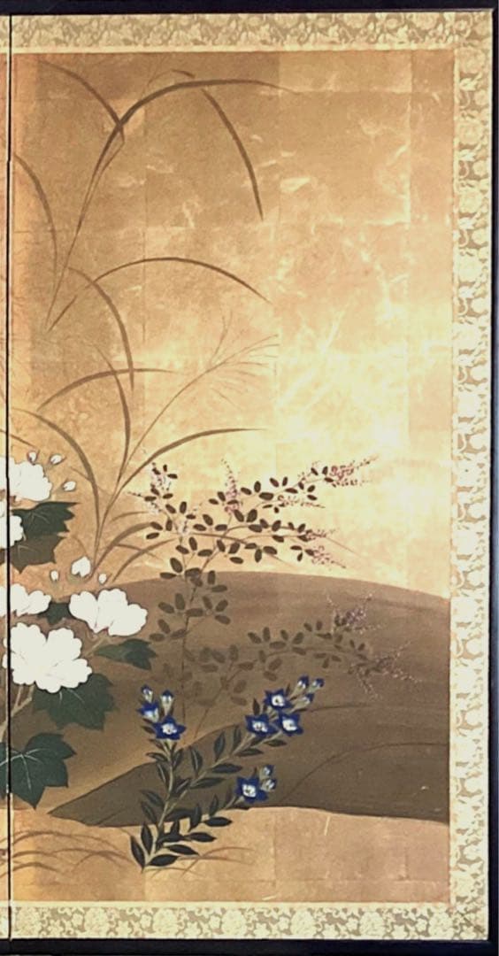 四つ折り屏風　日本画　金箔彩色　『菊花』