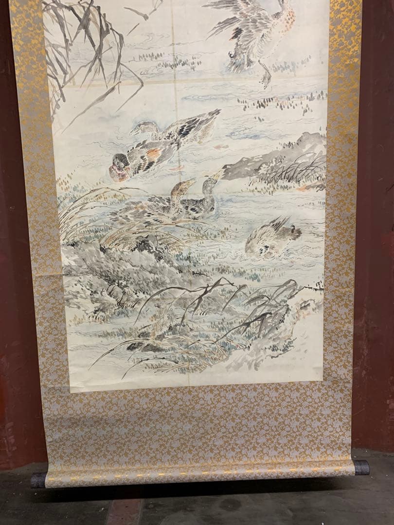 『9087』大幅 群水鳥図 無落款 掛軸