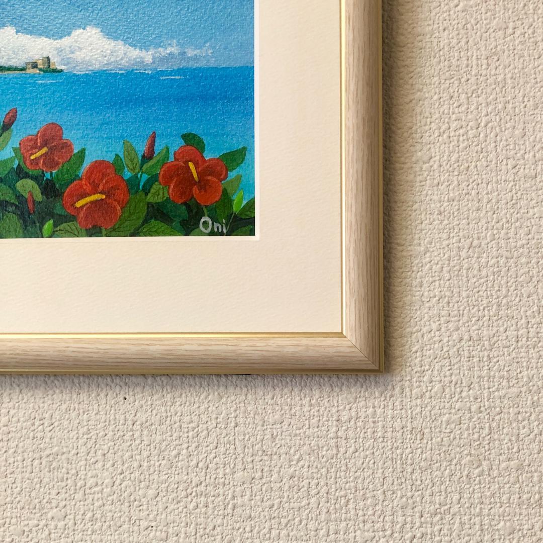 アクリル画　原画　「オアフの休日」額縁付　SMサイズ　風景画