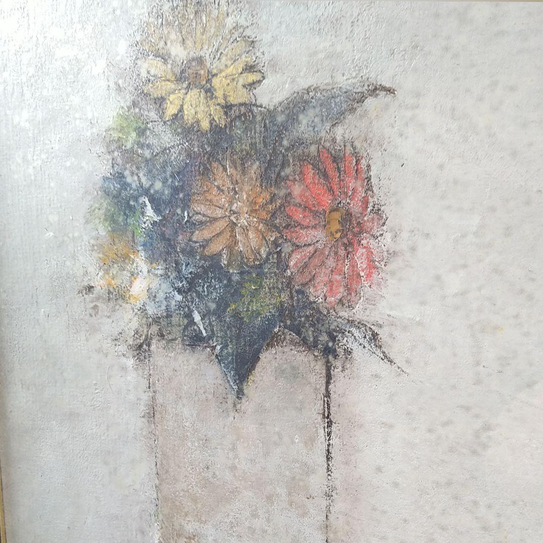 小山オサム油絵【ガーベラ】自筆サイン入り花flower静止画タトウ入り額装額縁