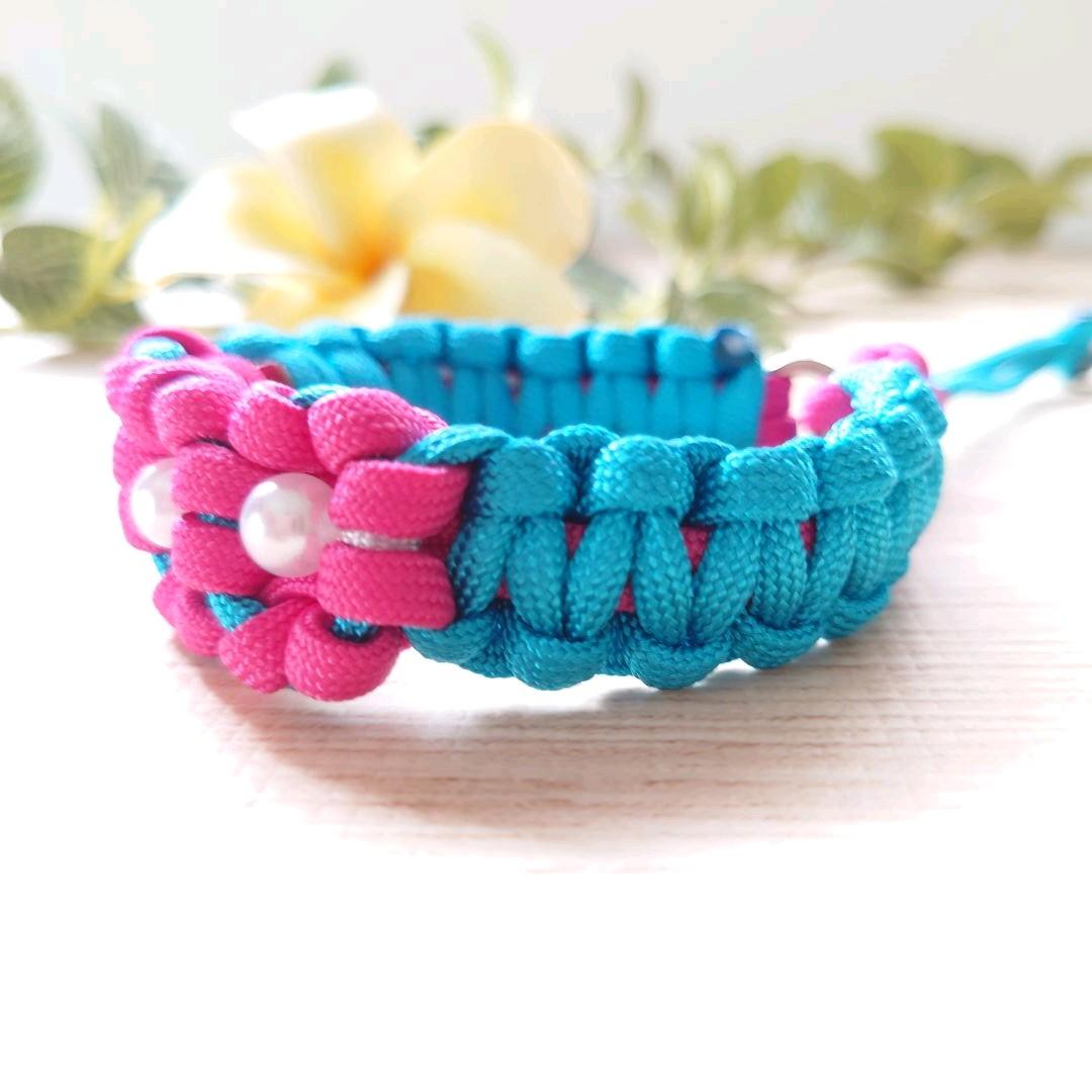 パラコードリード＆首輪　カフェリード　ハーフチョーク　ピンクお花　№082