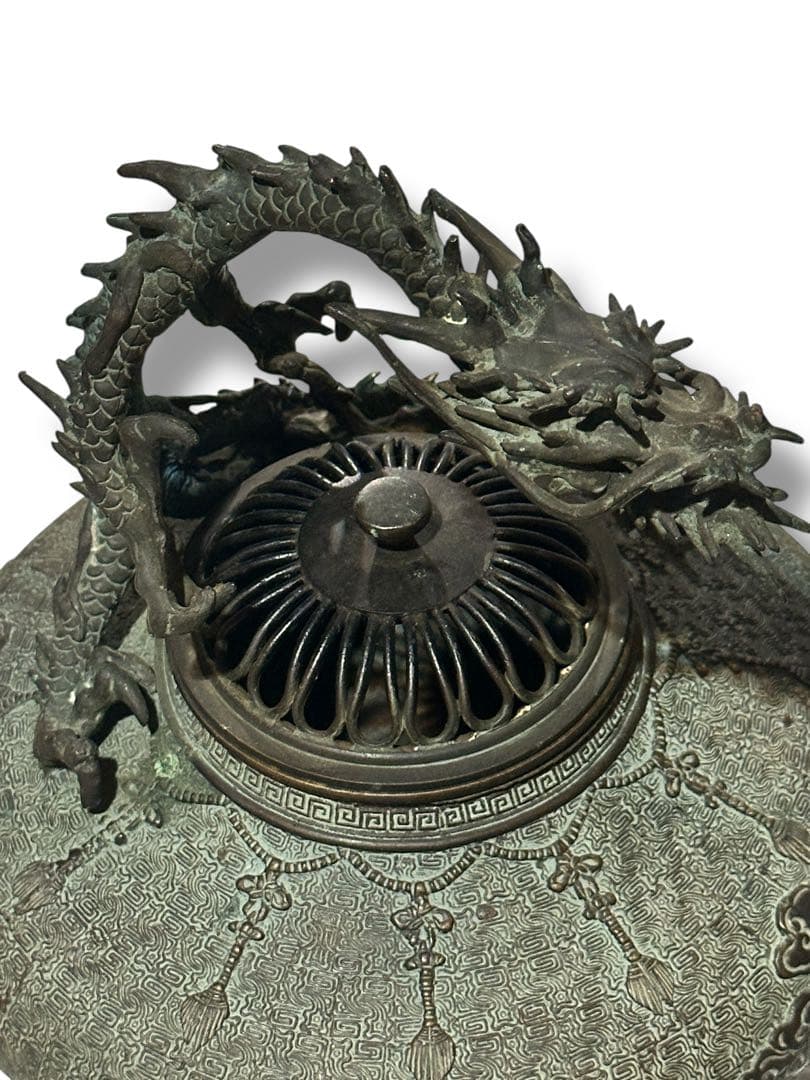 名工 米田秀保造 銅製 立龍提手 三足香炉 高岡銅器