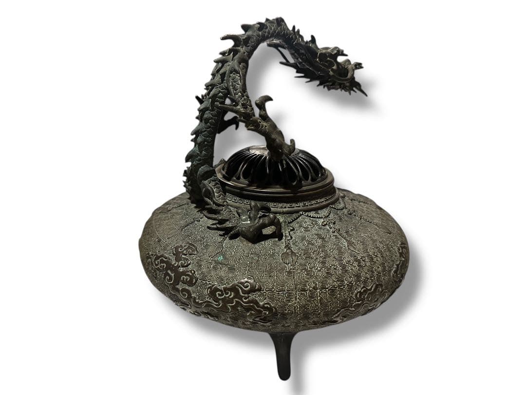 名工 米田秀保造 銅製 立龍提手 三足香炉 高岡銅器