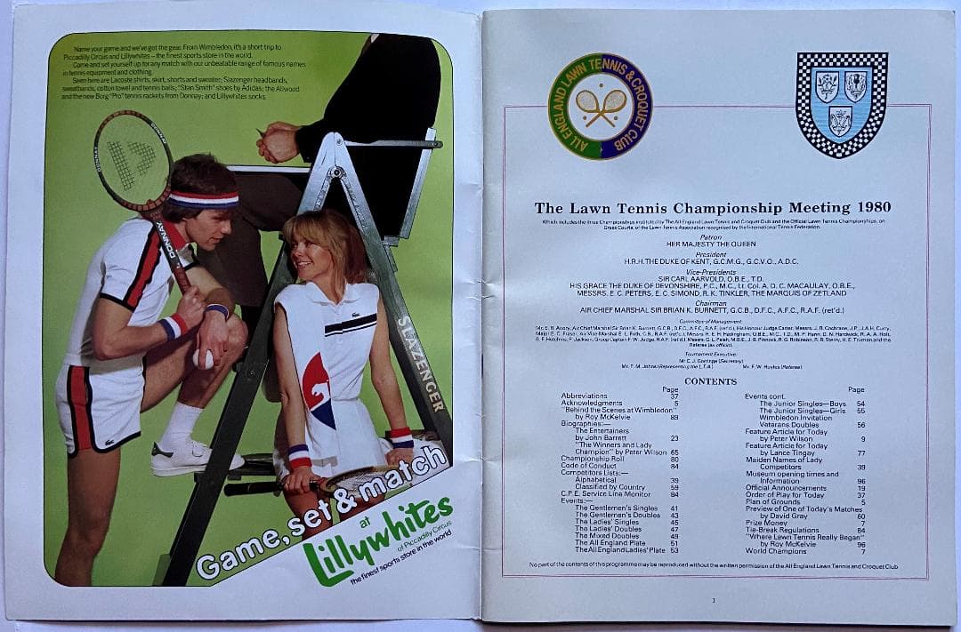 6/25/1980 ウインブルドン・テニス・チケットと当時の公式プログラム