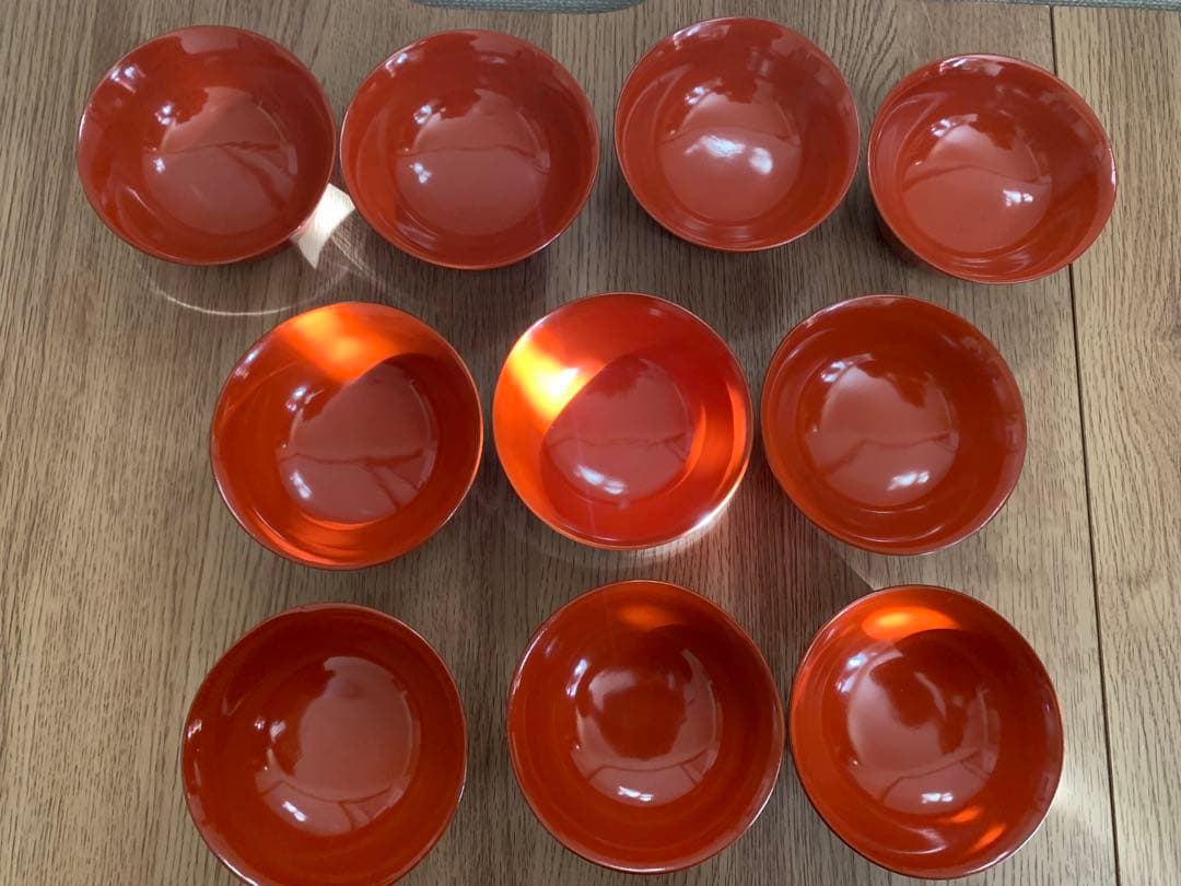 輪島塗　朱沈金蒔絵吸物椀10客　時代物　木製うるし塗　羽反　アンティーク