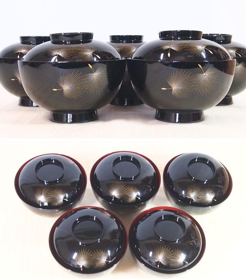 【未使用】輪島塗 元岡光漆堂 飛花沈金 雑煮椀 5客 煮物椀/大椀 食器/漆器