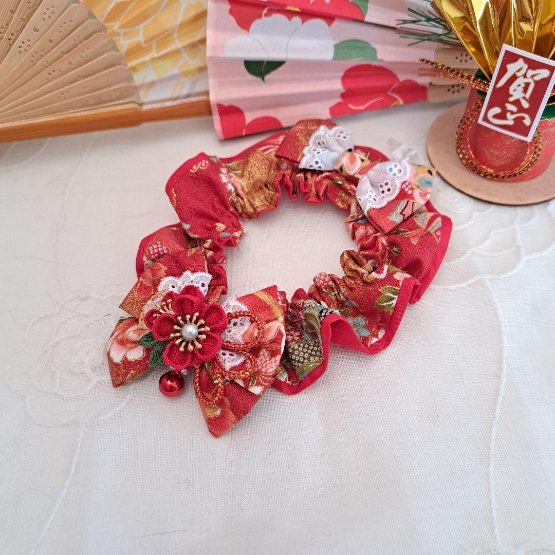 短毛シュシュ、和風妻み細工(赤③)わんちゃん猫ちゃん用