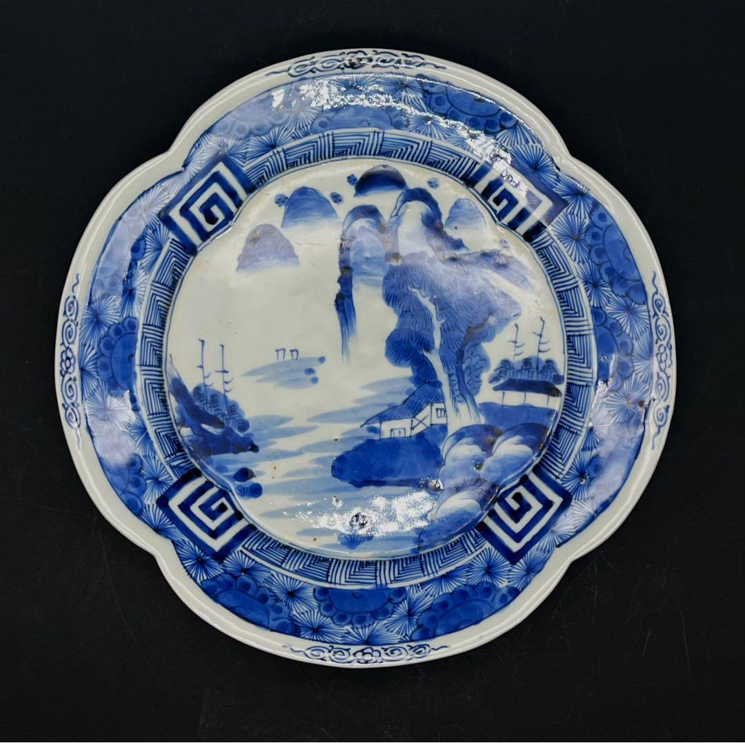 時代物 青華染付 飾り皿 骨董品 アンティーク 山水図 古染付 大皿