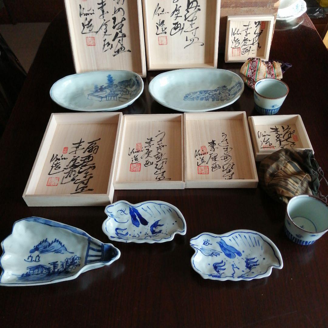 水墨画家　李庚　染付皿・蕎麦猪口7個まとめ売り
