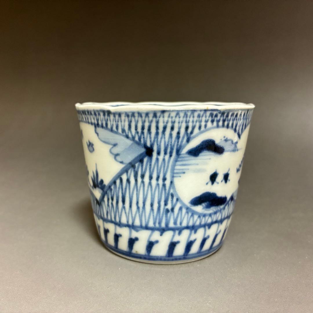 網目地紋に窓絵の図　古伊万里蕎麦猪口　無傷完品