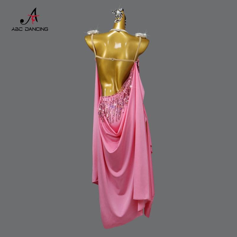 社交ダンス衣装ルンバ用ラテンドレスピンクキラキラスパンコールフリンジ競技会デモ