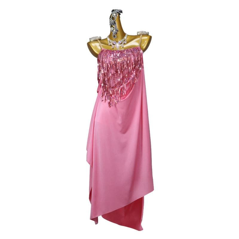 社交ダンス衣装ルンバ用ラテンドレスピンクキラキラスパンコールフリンジ競技会デモ