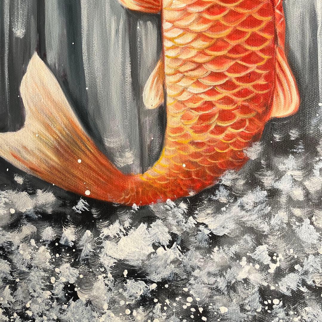 ★大型絵画★手書き油絵 鯉の滝登り 額付 絵画 インテリア 開運 金運 風水