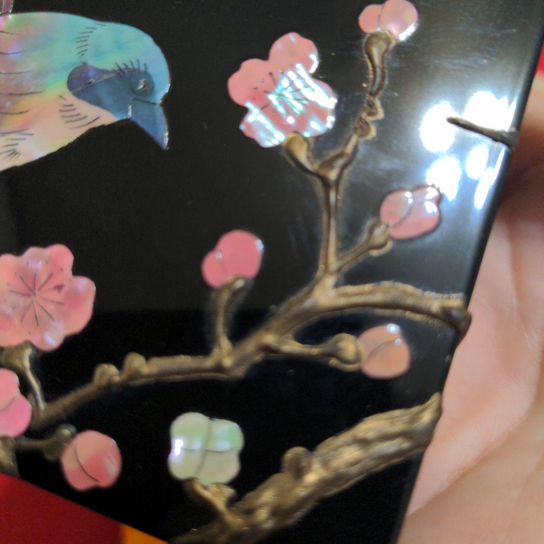 高岡漆器　武蔵川秀山作　青貝塗錆絵花鳥図　宝石箱　小物入　梅に樫鳥