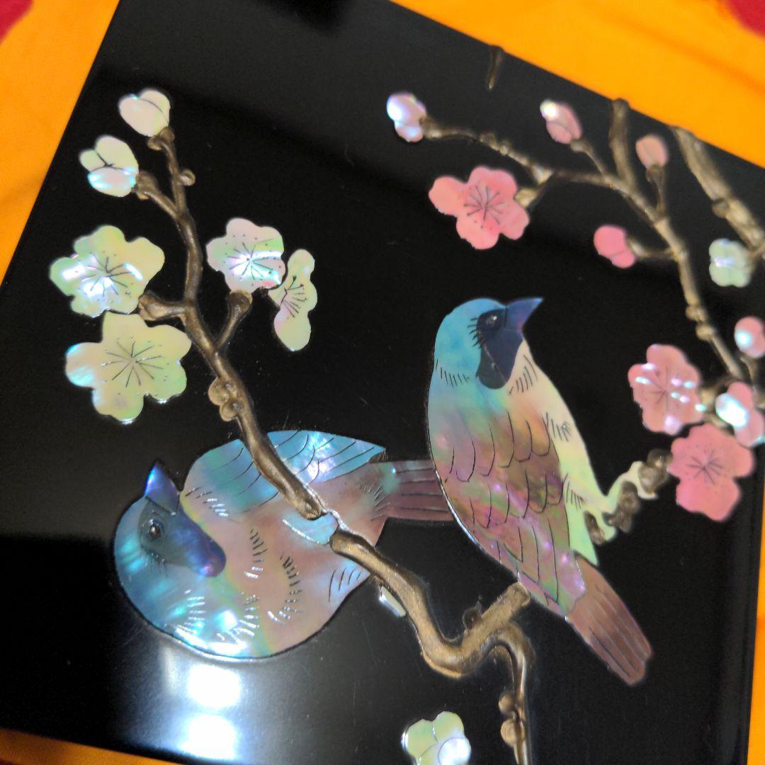 高岡漆器　武蔵川秀山作　青貝塗錆絵花鳥図　宝石箱　小物入　梅に樫鳥