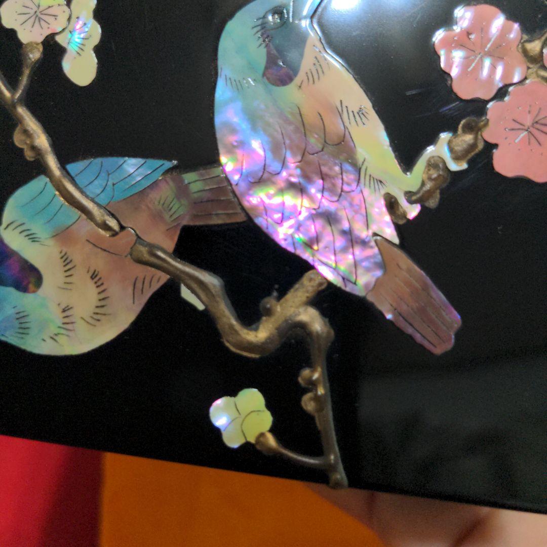 高岡漆器　武蔵川秀山作　青貝塗錆絵花鳥図　宝石箱　小物入　梅に樫鳥