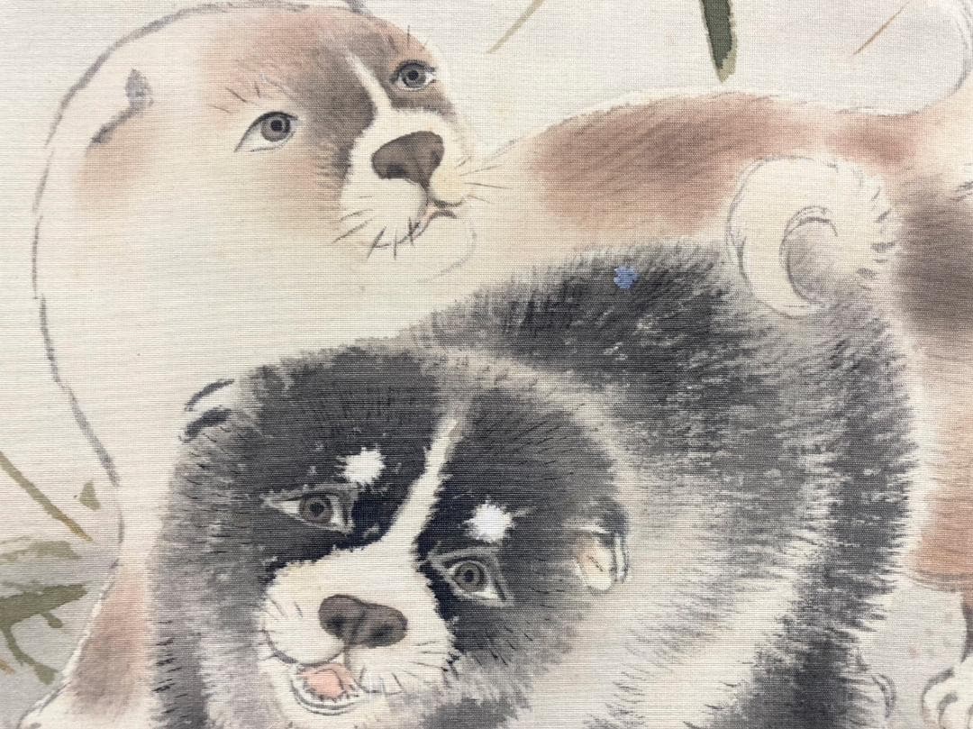 【円山応挙 模写】水谷芳年「仔犬」掛軸 絹本 共箱