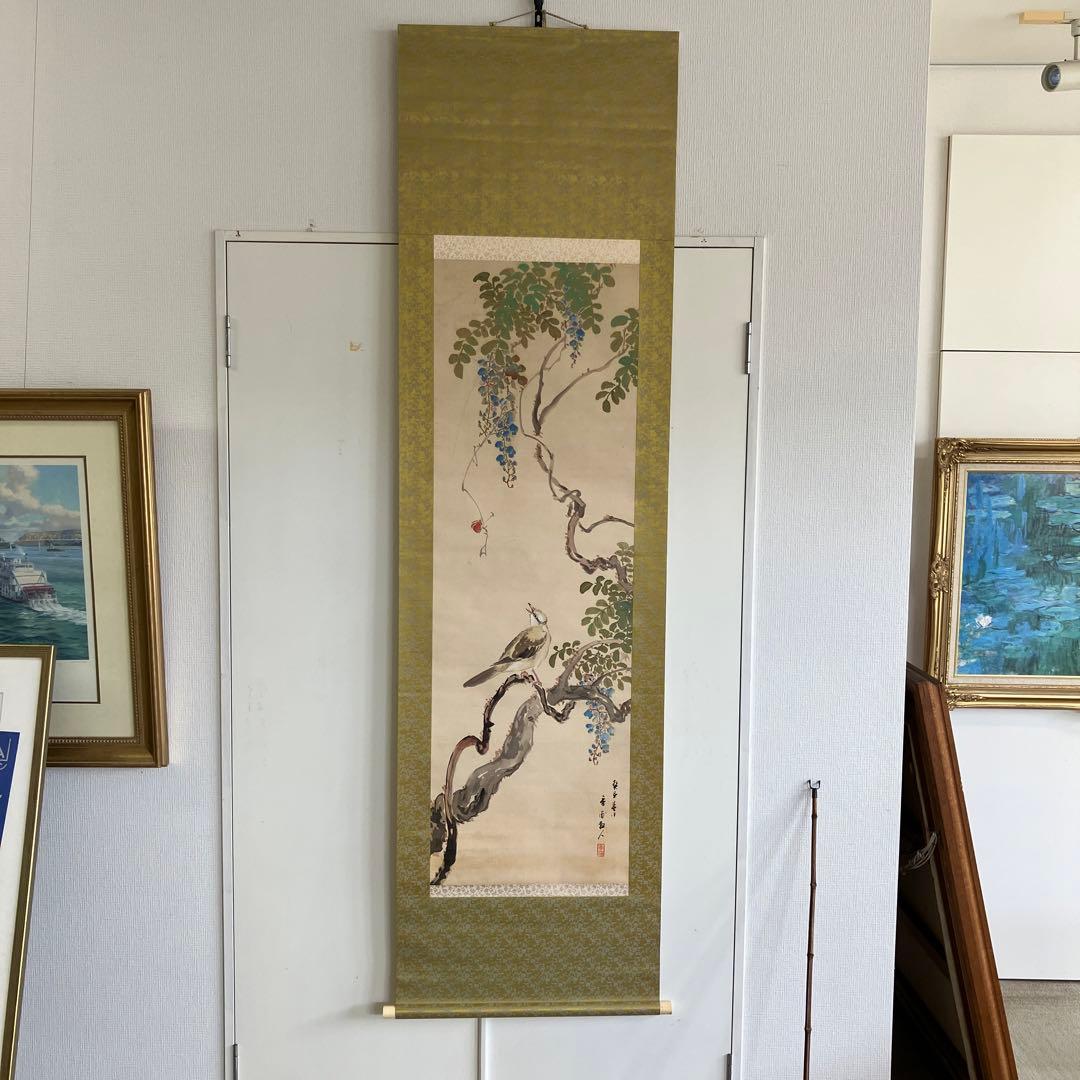 掛軸•日本画　森山香浦「藤に百舌鳥」