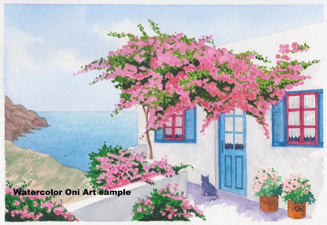 透明水彩画　原画　「エーゲ海とブーゲンビリア05」額縁付　SMサイズ
