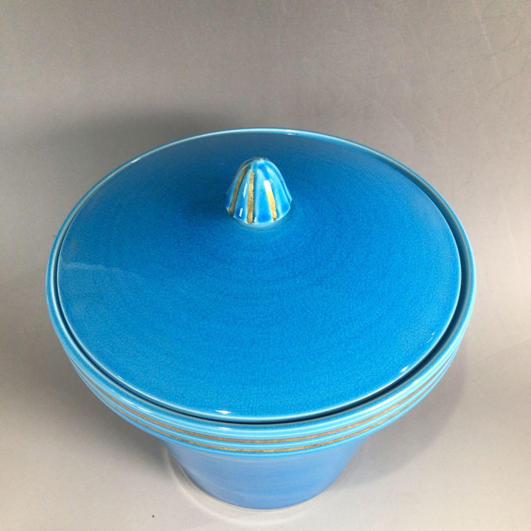 Ｐ３５４　水指　『御室窯造』『浅黄交趾』『末広水指』　共箱　茶道具