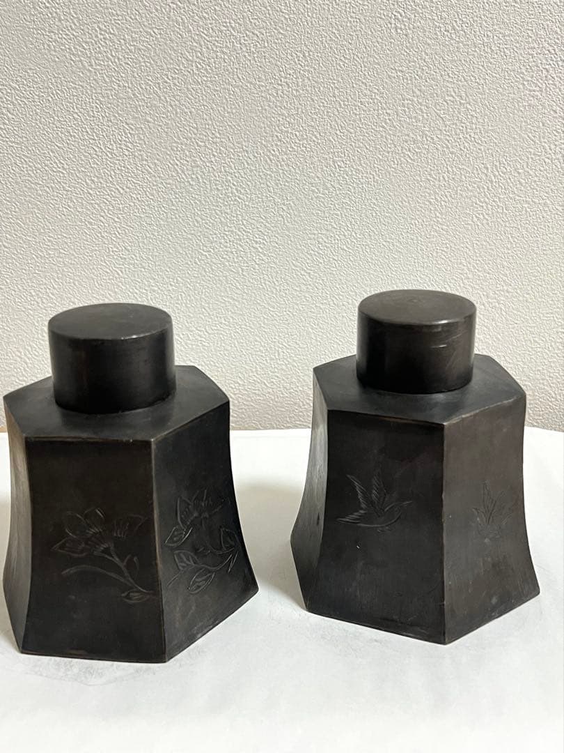 時代物 唐物 在銘 点銅 錫 茶心壺 茶入一対 煎茶道具 旧家蔵出