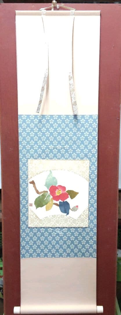(966)★風帯付小紋色紙短冊掛軸★