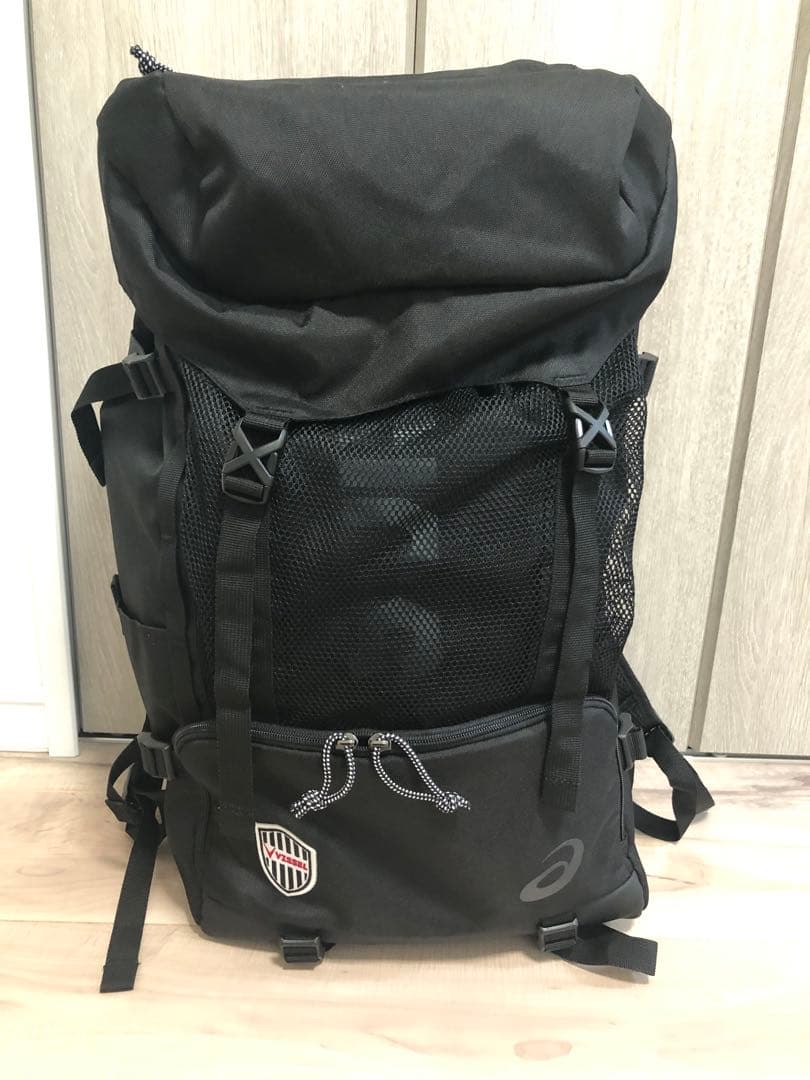 ヴィッセル神戸Asics ブラック バックパック メッシュポケット付き