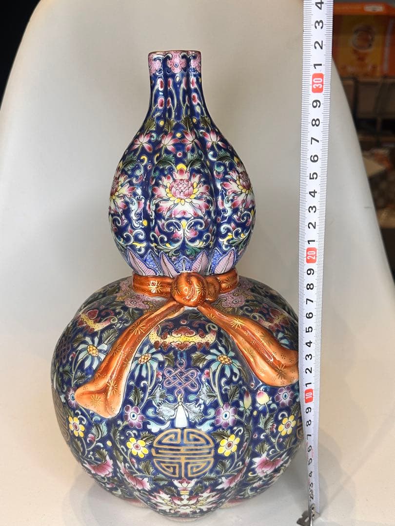 中国清代 乾隆年製款 藍釉金彩 葫蘆形賞瓶（荷花・寿字吉祥紋）中国古陶磁骨董品