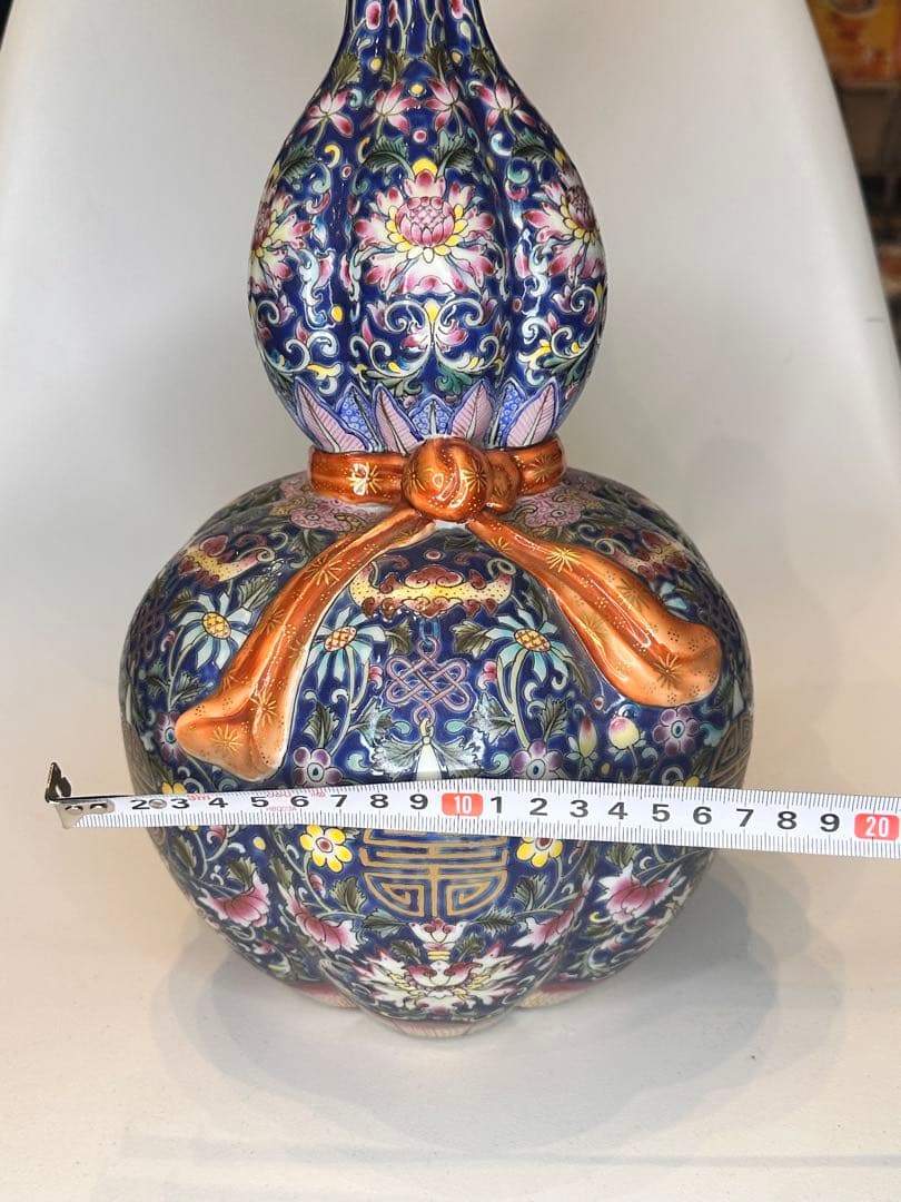 中国清代 乾隆年製款 藍釉金彩 葫蘆形賞瓶（荷花・寿字吉祥紋）中国古陶磁骨董品