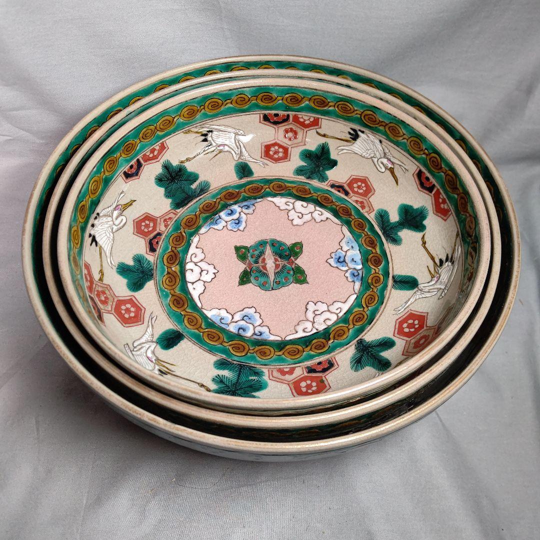 古須佐焼 松鶴文 九寸八寸七寸 三っ鉢