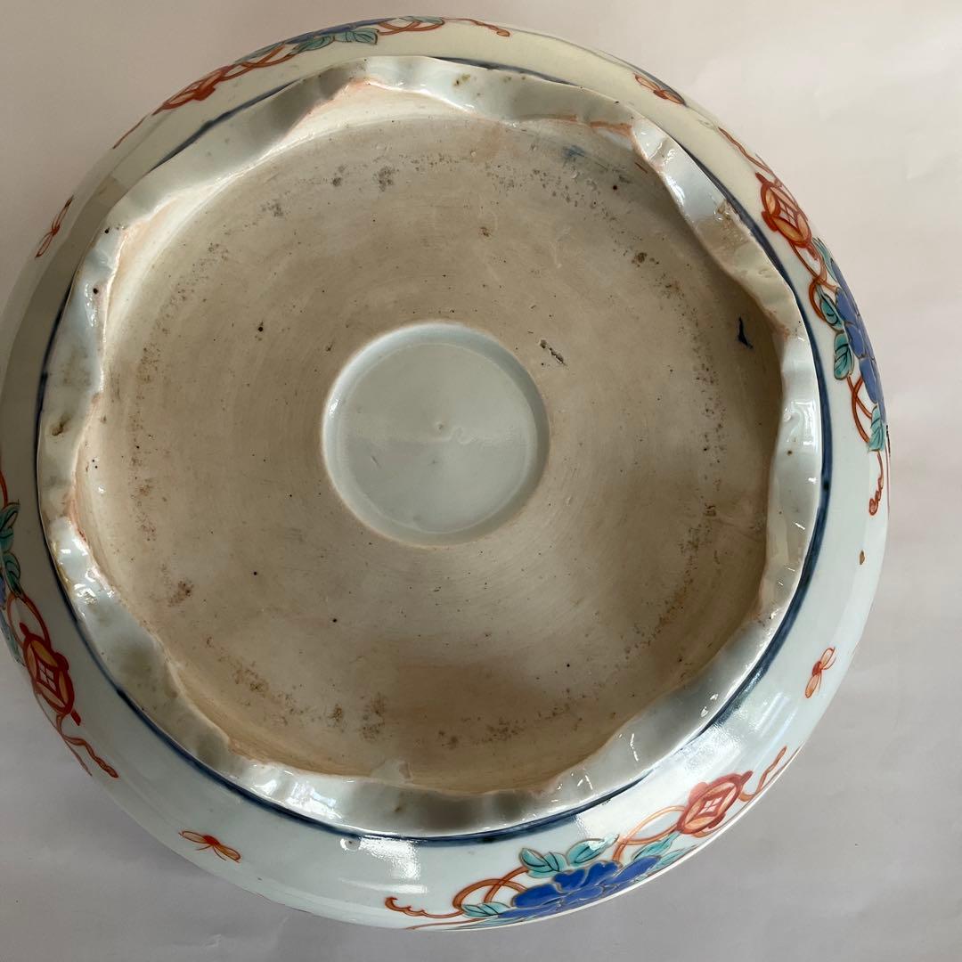 古伊万里　色絵花鳥仔犬文透し彫鉢　江戸時代中期から後期頃　優品