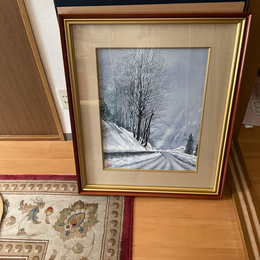 模写 加山又造 日本画【風景画 冬 】 額装 共シール タトウ箱付