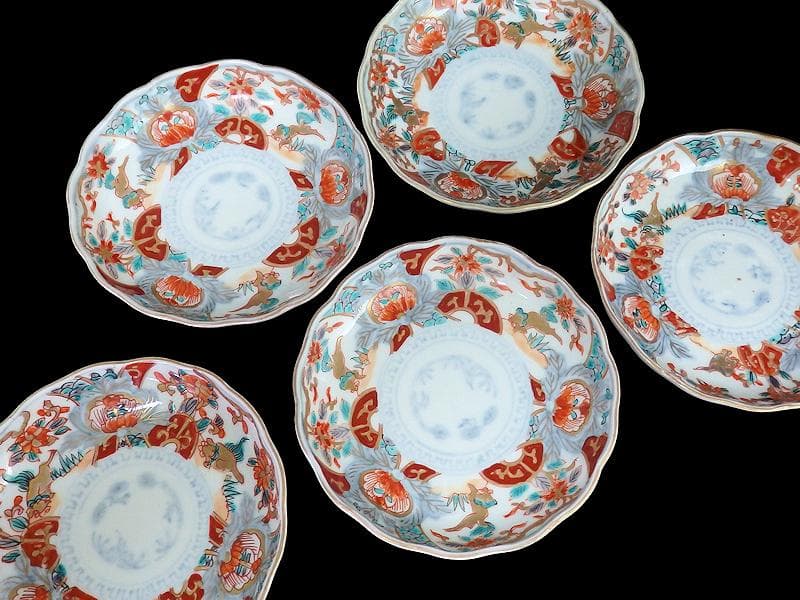 古伊万里　色絵　窓絵 獅子に花の図　４寸皿　５枚　C205AS-CVw