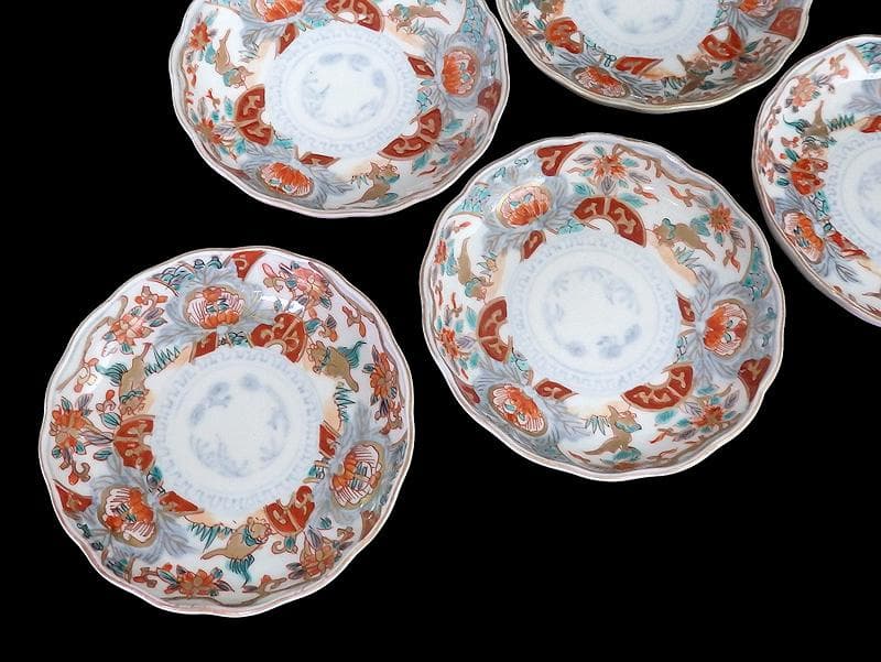 古伊万里　色絵　窓絵 獅子に花の図　４寸皿　５枚　C205AS-CVw