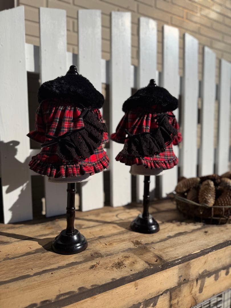 ワンピース　チェック　フリル　ファーリボン　かわいい　撮影会　犬服