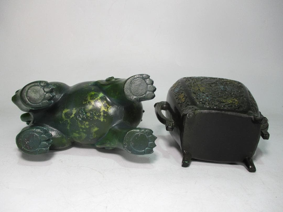 白銅 香炉 計２点 獅子型 正晴 作 ４足耳付 香道具 中国美術