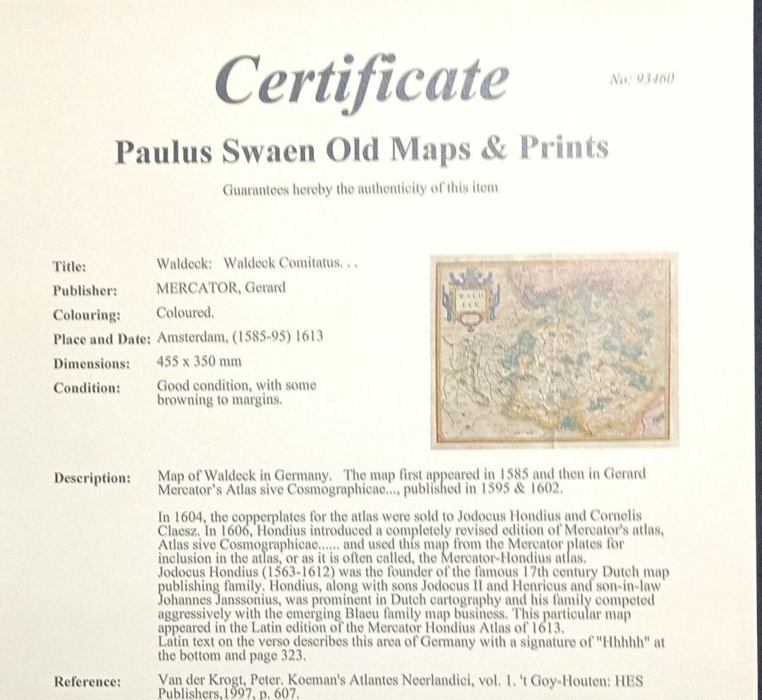 額装品　西洋古地図　17世紀　G.MERCATOR 「Waldeck」美品