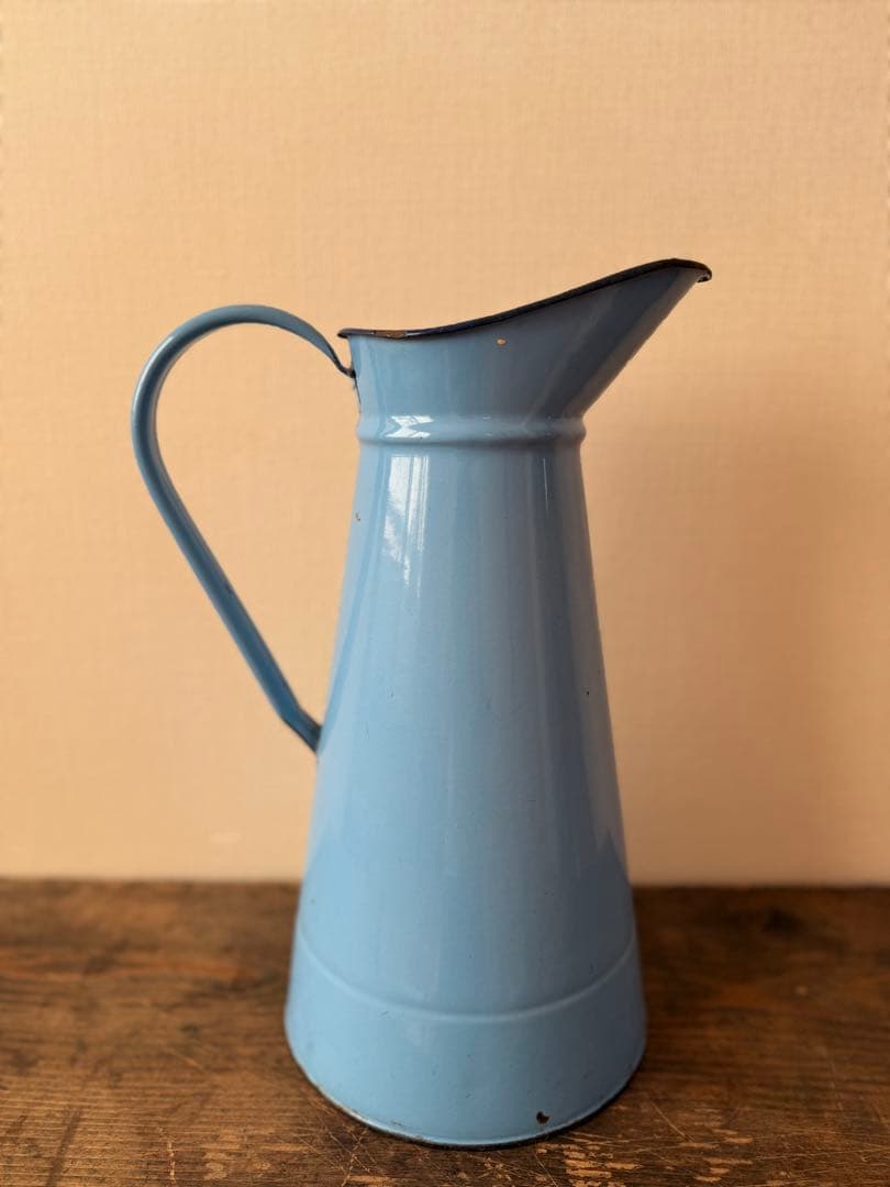 フランス　古道具　水差しピッチャー　ブルー　ホーロー