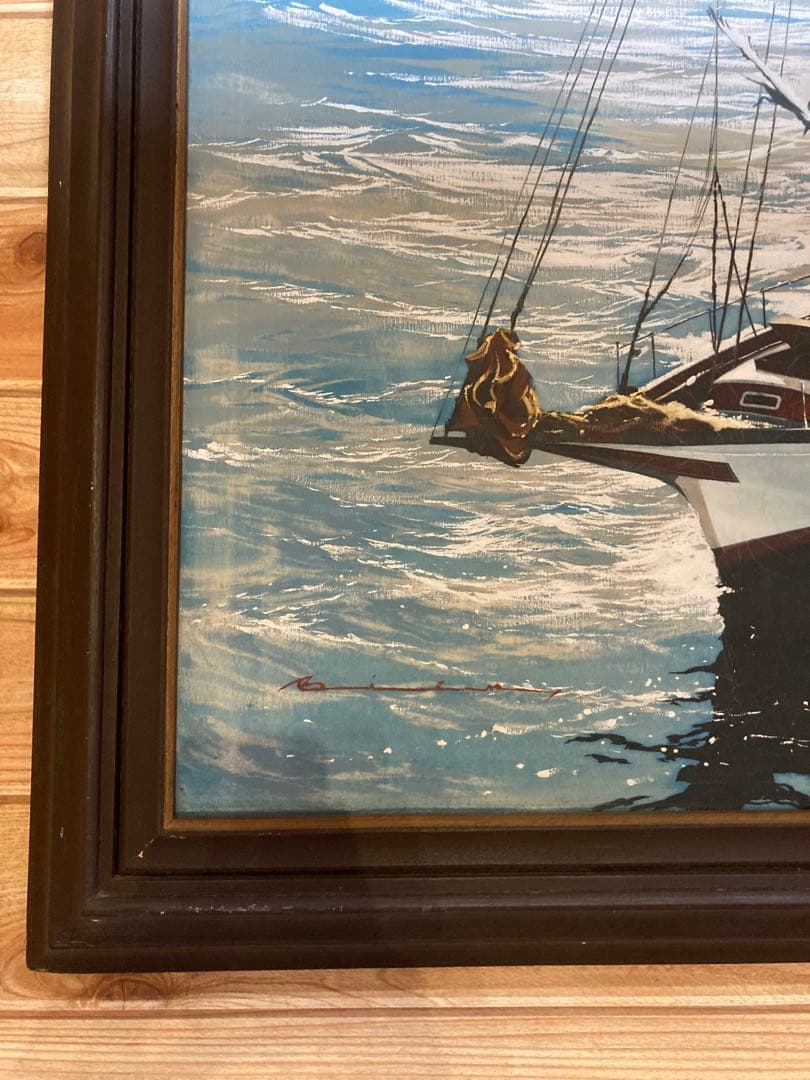 帆船の油彩画 ダークブラウンフレーム　絵画　壁掛　アンティーク