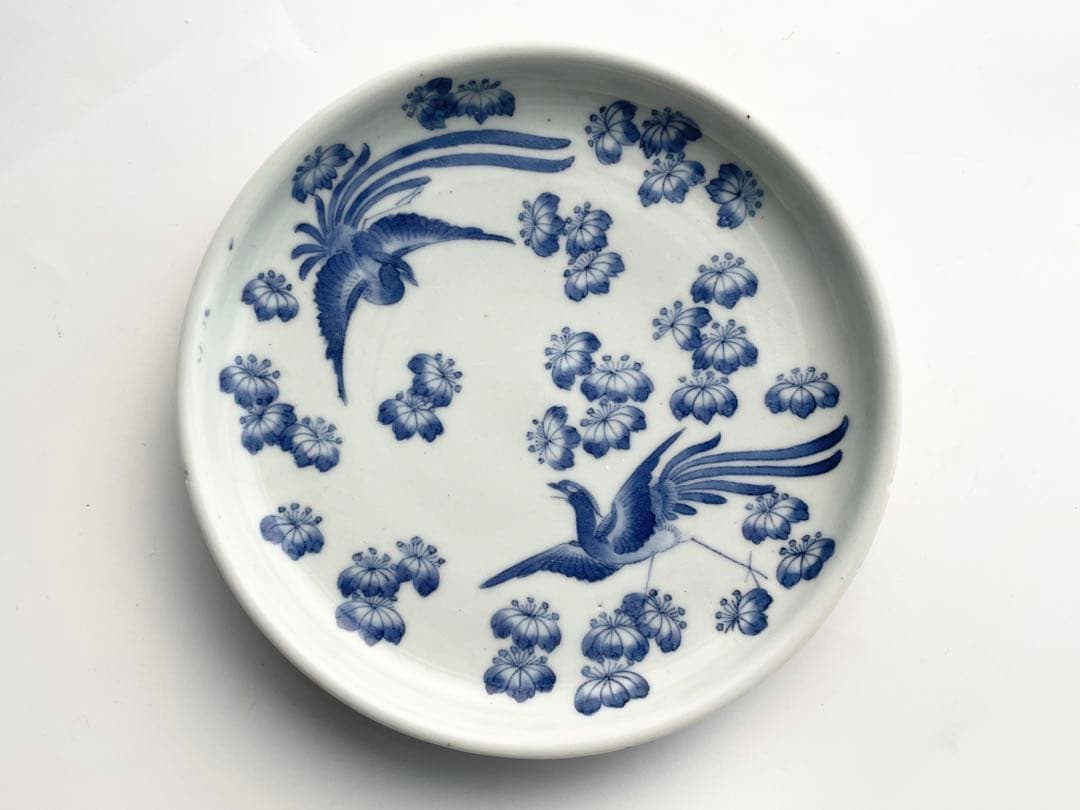 骨董　アンティーク　藍柿右衛門　桐鳳凰文様　六寸皿　丸皿　中皿　古伊万里　藍九谷