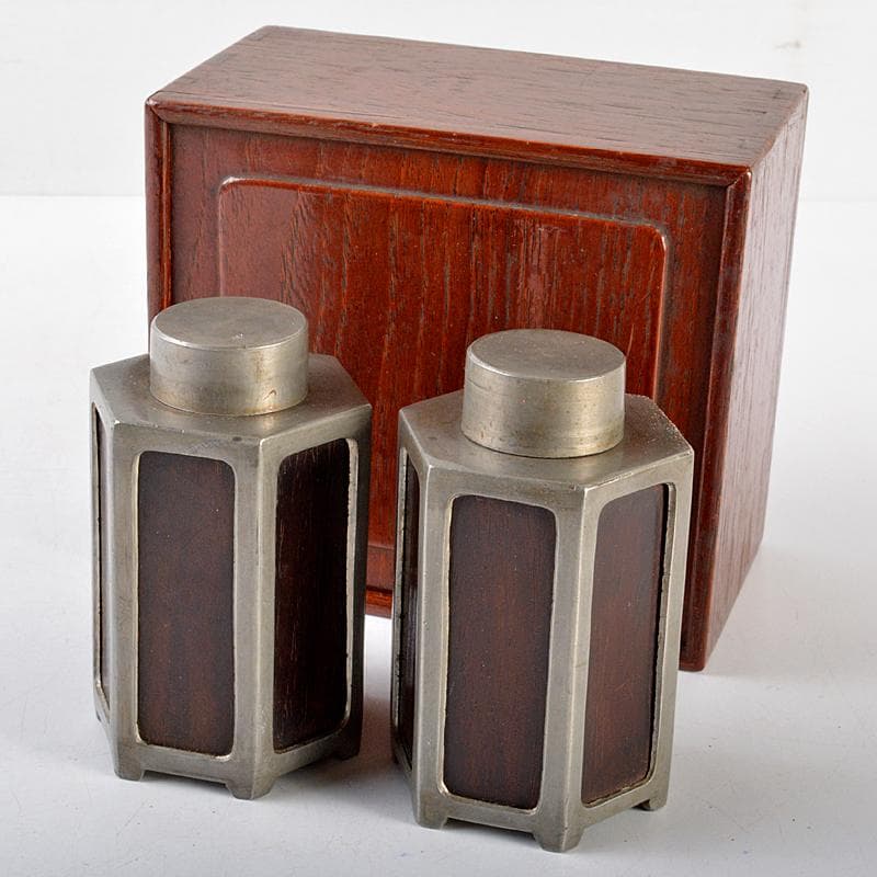 茶道具　古錫　唐木紫檀張　六角茶壷　茶心壷　一對　時代箱付　J　R5494