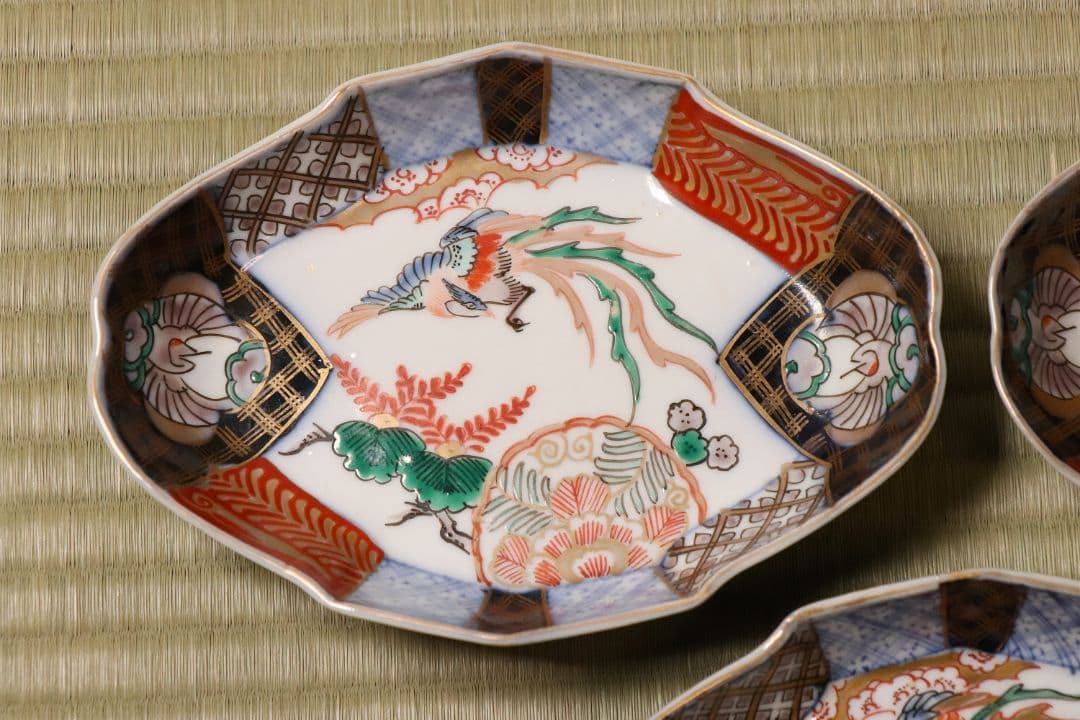 【CM52】古伊万里 桐鳳凰図 変形 刺身皿 五客 鶴 金彩 錦手 菱形 向付